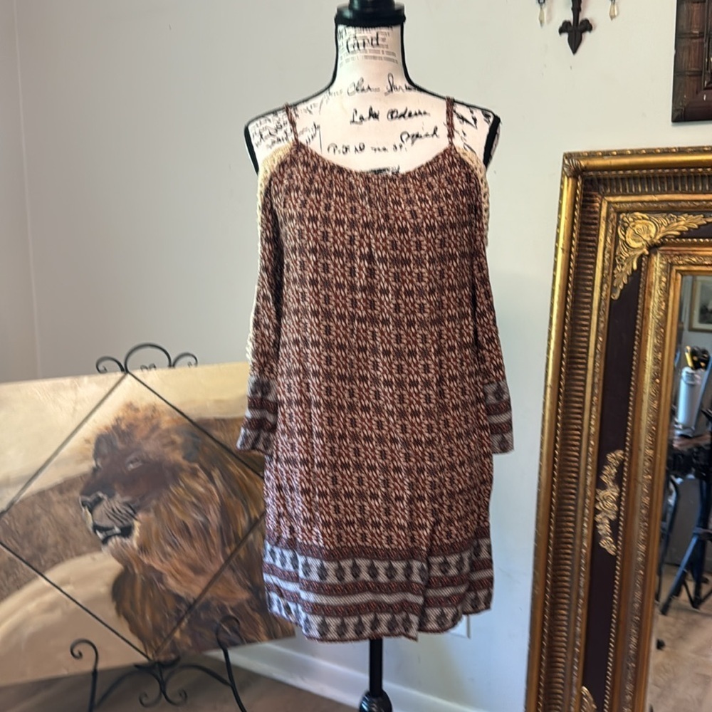 Casual Brown and Cream Midi Sundress with 3/4 Sleeves cold shoulder style